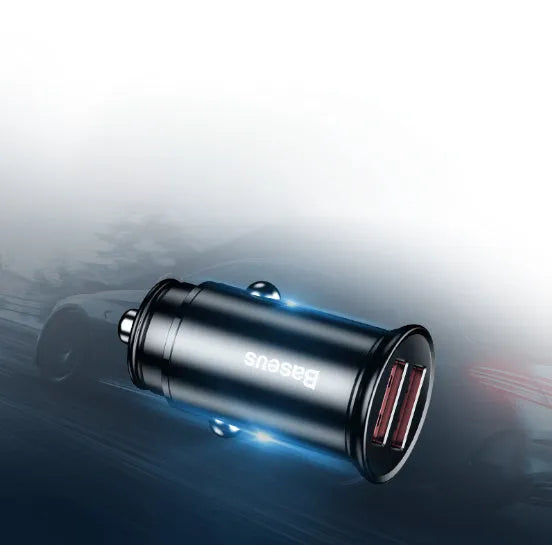 USB smart car charger with aluminium alloy casing in choice of colours, showing compact size for vehicle charging