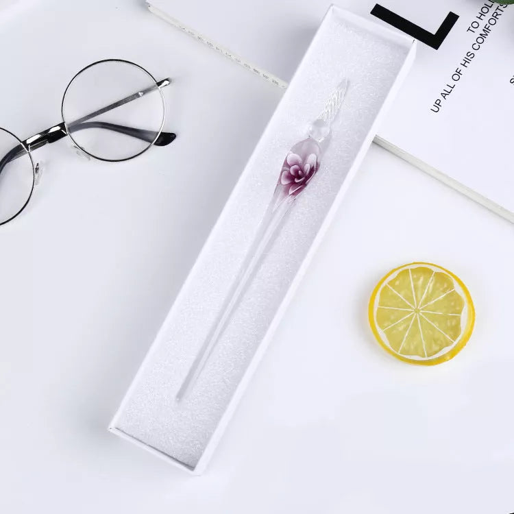 Crystal Flower Glass Dip Pen Set with floral patterns and borosilicate glass construction