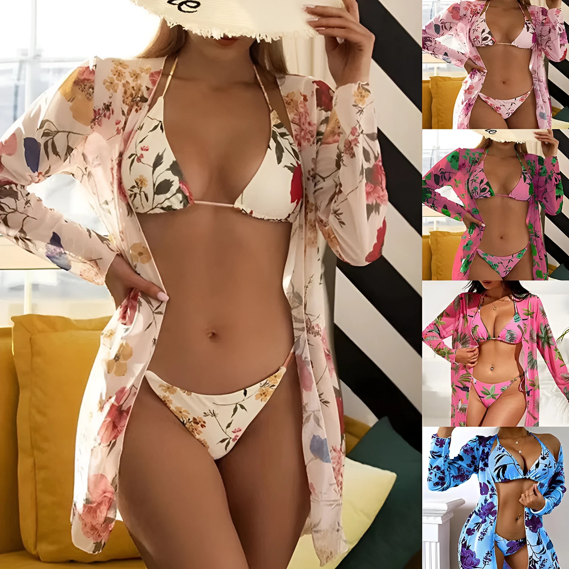 Women's three-piece swimsuit set with floral printed mesh cover-up in polyester fabric