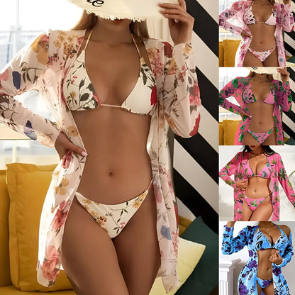 Women's three-piece swimsuit set with floral printed mesh cover-up in polyester fabric