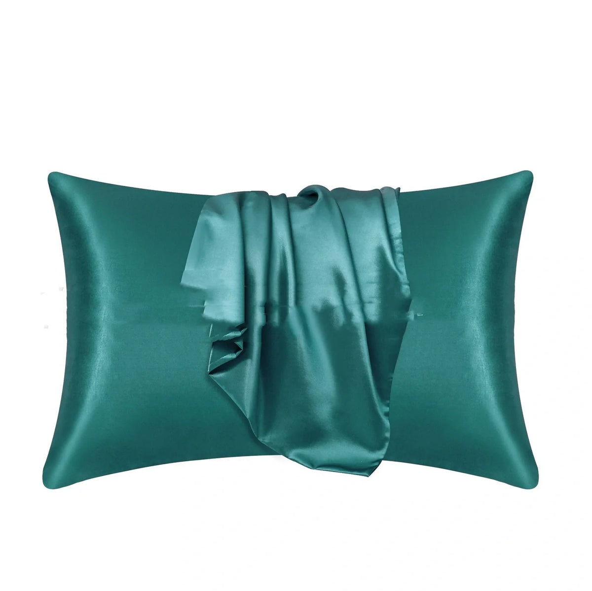 Envelope closure pillowcase in navy blue showing overlapping flap design and smooth polyester fabric texture