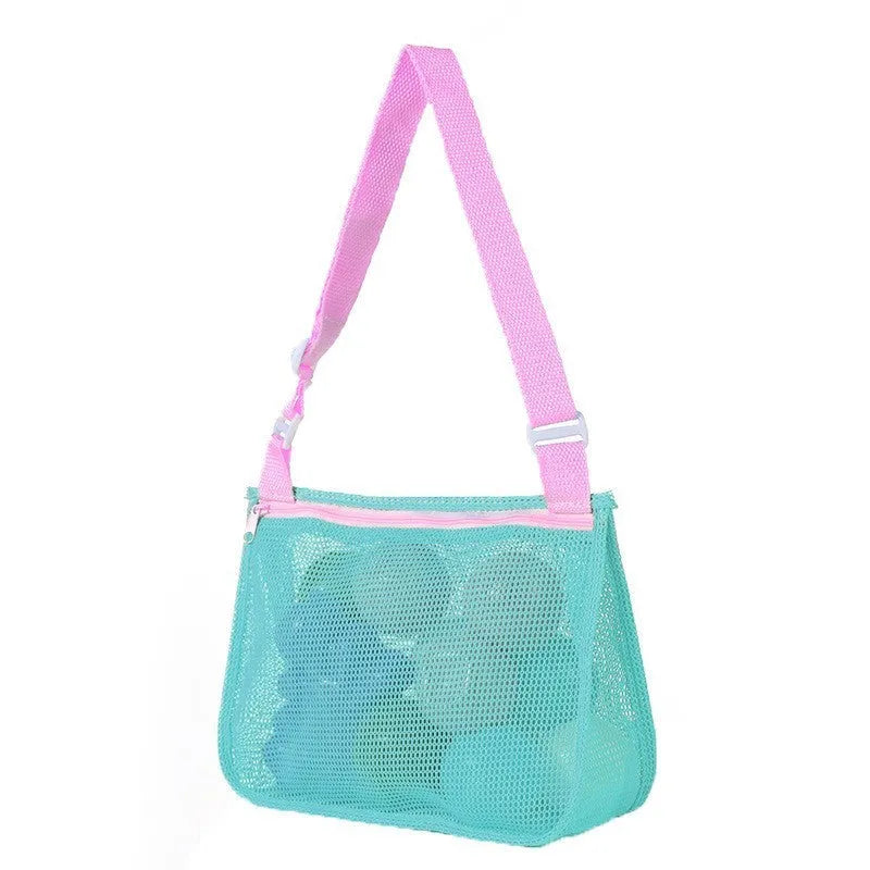 Blue children's drawstring travel storage bag made of nylon mesh for organising toys and clothes.