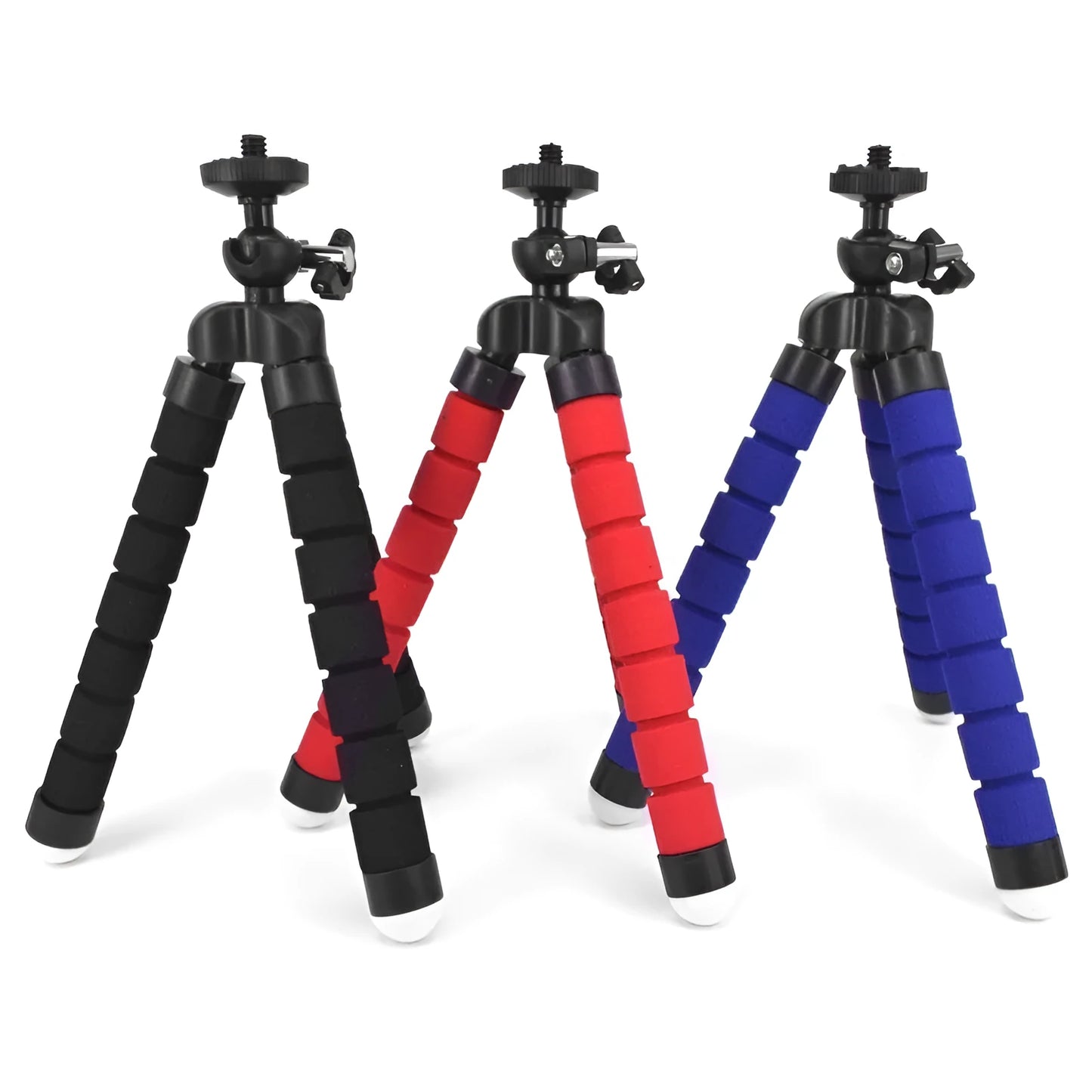 Black flexible octopus tripod with legs wrapped around a pole, holding a smartphone with a clip mount.
