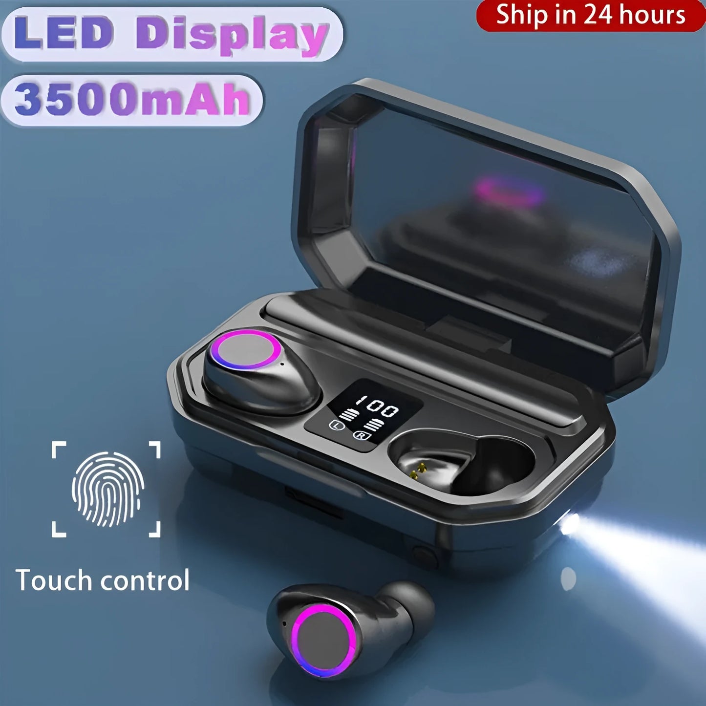 Black and white wireless Bluetooth earplug headphones with a charging case featuring an LED digital power display.