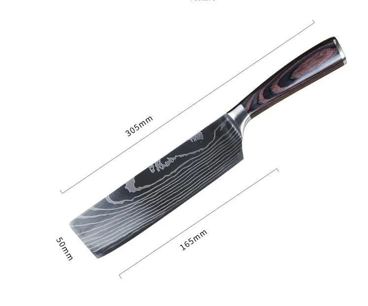 7-inch chef knife with laser Damascus pattern on blade and coloured steel handle on a cutting board.