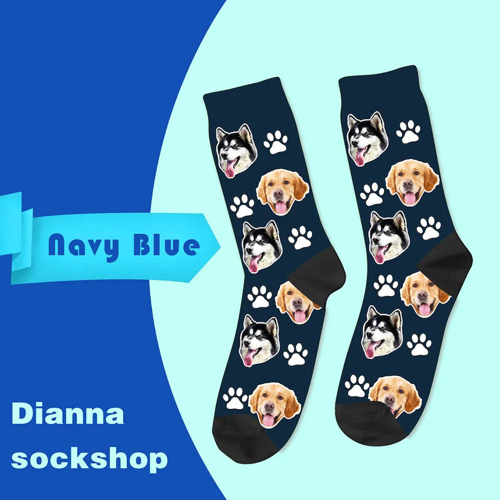 Custom printed mid-calf tube sock with a cartoon pattern from a personal photo.