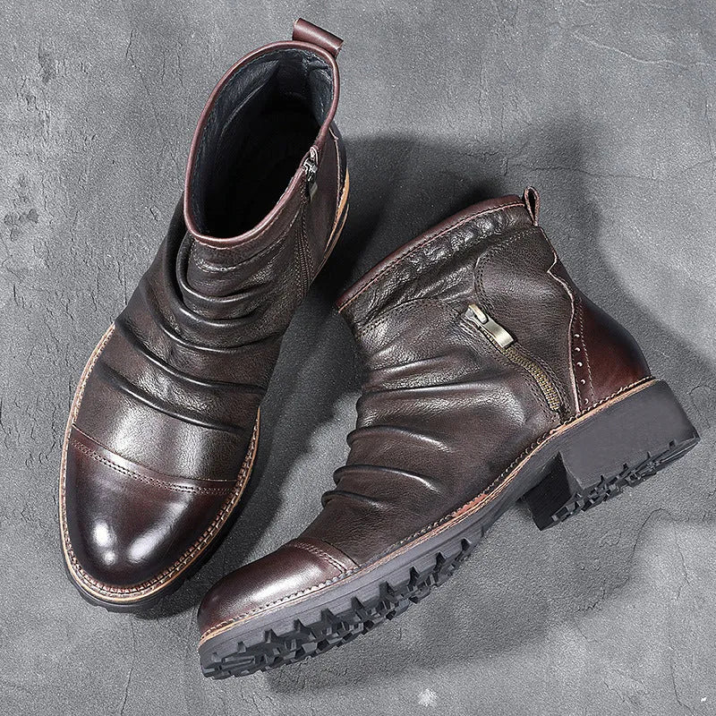Black mid-calf cowboy boots with side zipper, round toe, and a horseshoe-shaped heel.