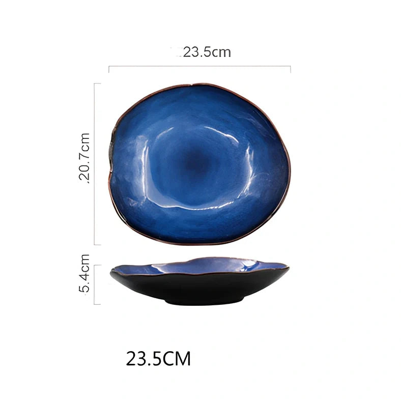 Deep blue irregular ceramic flat plate, 20.5cm diameter with kiln glaze, smooth surface for easy cleaning