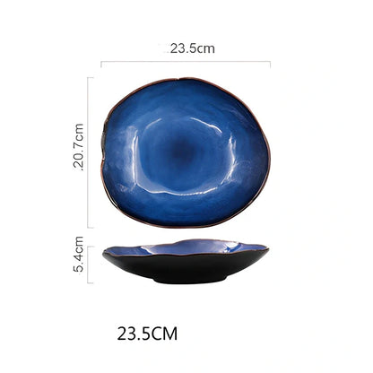 Deep blue irregular ceramic flat plate, 20.5cm diameter with kiln glaze, smooth surface for easy cleaning