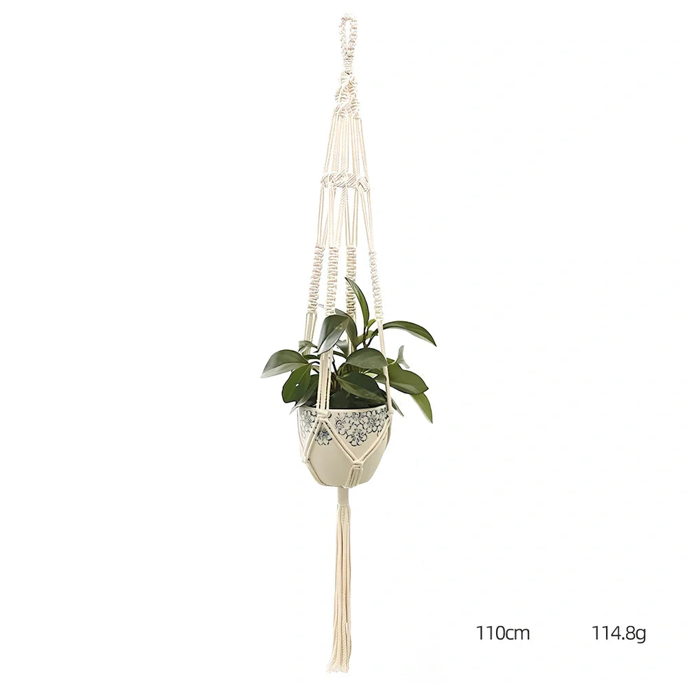 Hand-knitted cotton flowerpot net bag showing intricate pattern and hanging installation with plant