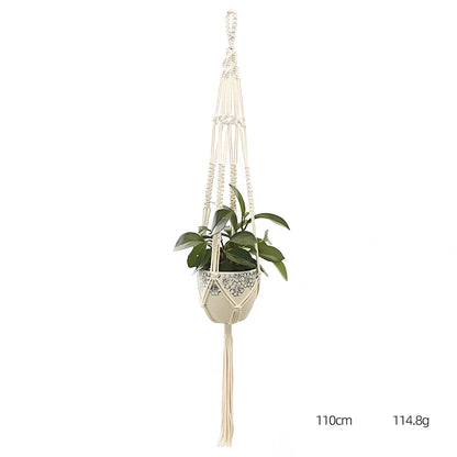 Hand-knitted cotton flowerpot net bag showing intricate pattern and hanging installation with plant