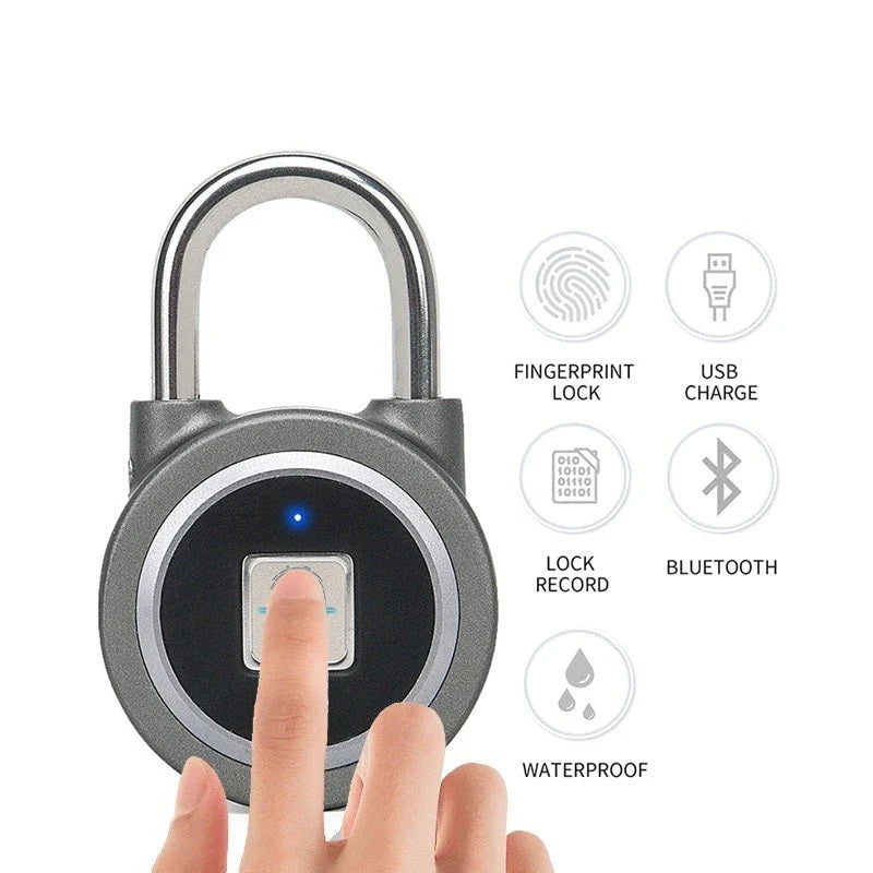 Secure Smart Fingerprint Padlock with durable aluminum alloy and stainless steel construction, Bluetooth app control, and IP65 weatherproof rating