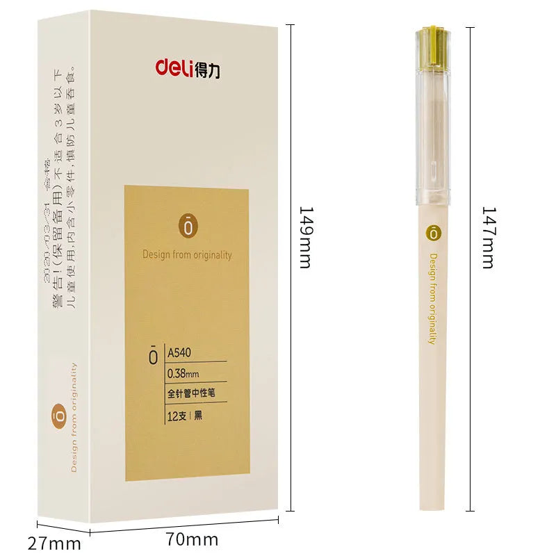 Deli A540 0.38mm black gel pens with needle tube tips in plastic barrel with caps, box of 12 pieces