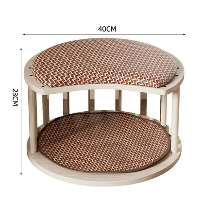 Solid wood cat nest with reversible summer mat and plush cushion, available in grey, white, plaid, and warm orange
