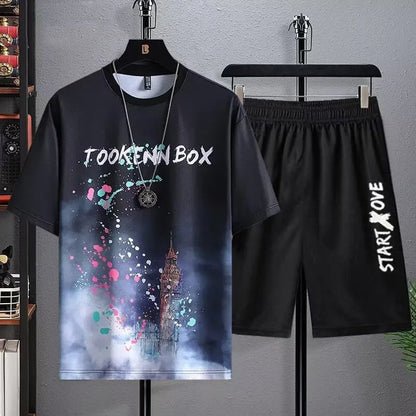 Men's lightweight polyester shorts suit set with short sleeve top and matching shorts for summer