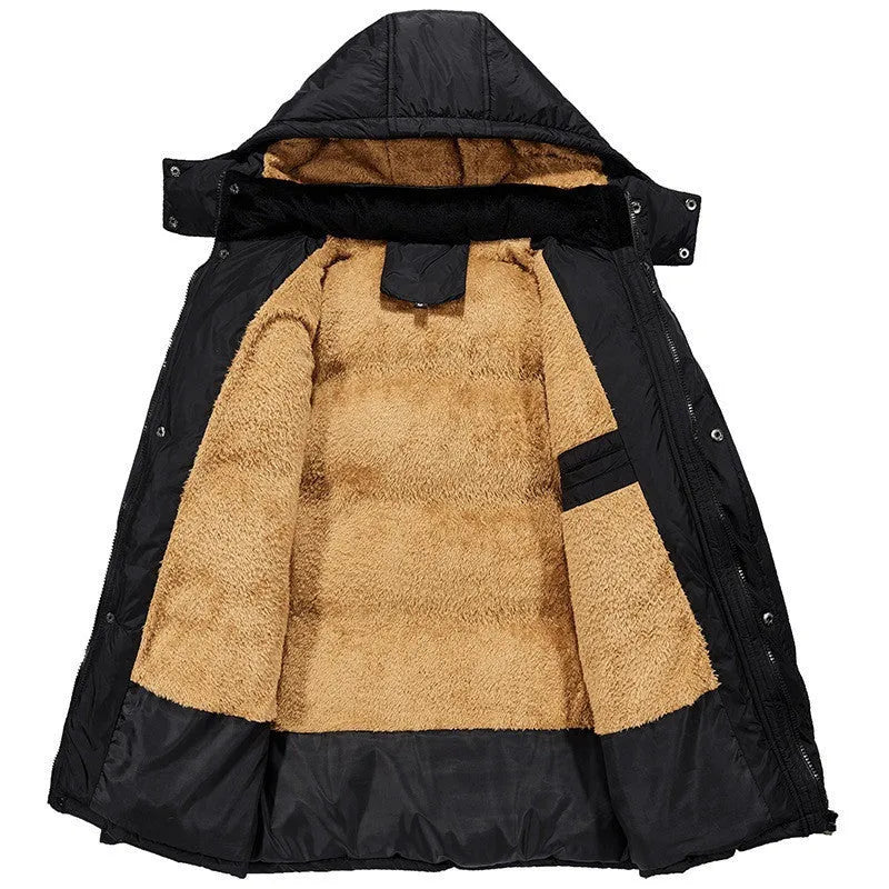 Men's black loose-fit hooded velvet winter jacket with a double-breasted front.