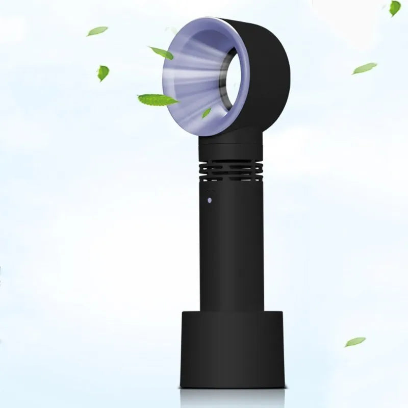 Portable bladeless fan with USB cable and base, showing compact design and bladeless airflow
