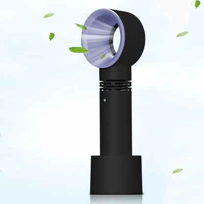 Portable bladeless fan with USB cable and base, showing compact design and bladeless airflow