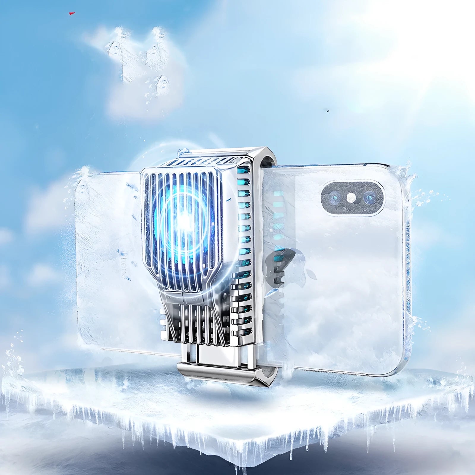 Black mobile phone radiator clip with ceramic cooling plate and aluminium alloy frame on a smartphone.