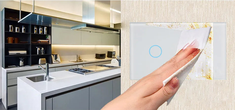 White tempered glass smart touch light switch with blue LED indicator on a UK wall.