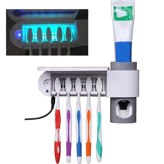 3-in-1 toothbrush holder with UV sterilizer and toothpaste dispenser, wall-mounted design