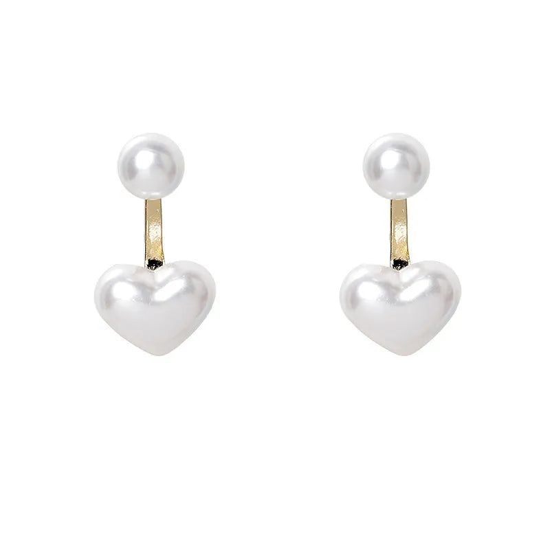 Love Pearl Stud Earrings with heart-shaped alloy setting in Korean women's fashion style featuring electroplated finish and inlaid artificial gems individually packed for jewellery collection