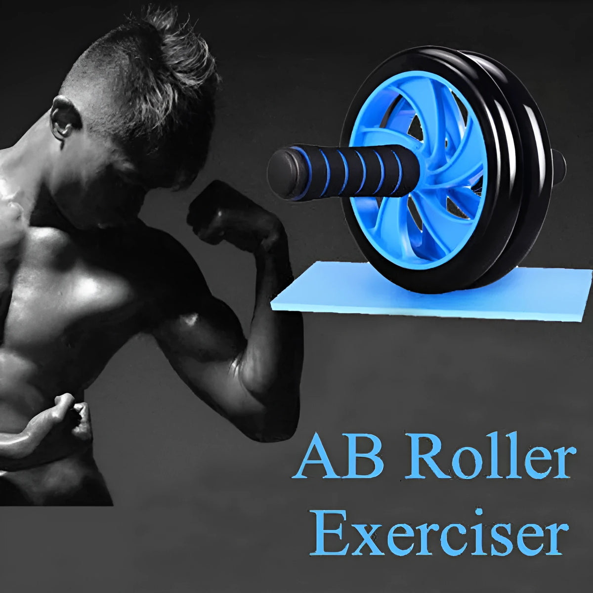 Dark blue double-wheel abdominal roller set with push-up support and palm guard, 16.5cm and 14.5cm rollers