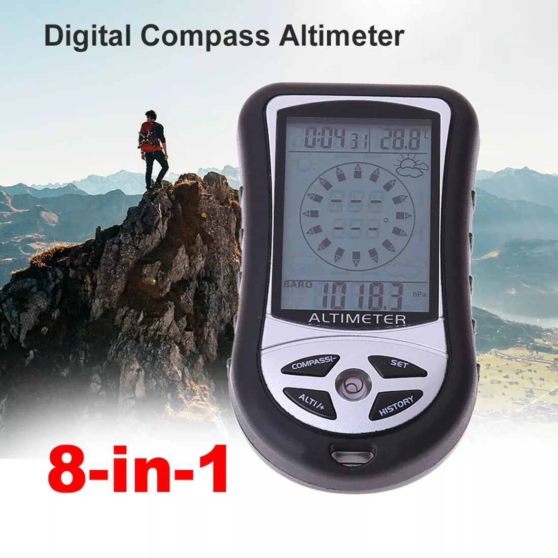 8-in-1 hand-held electronic altimeter for outdoor activities