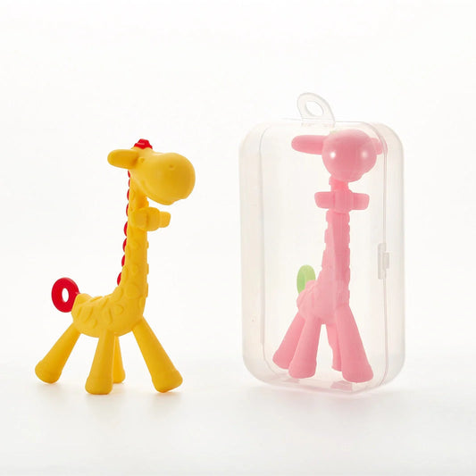Adorable giraffe-shaped baby teether toy with multiple chewable parts for soothing sore gums