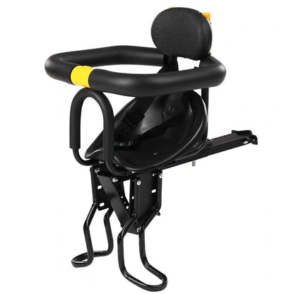 Black front bicycle child seat with 20kg capacity, foldable pedals, and aluminum frame mounted on bike seatpost