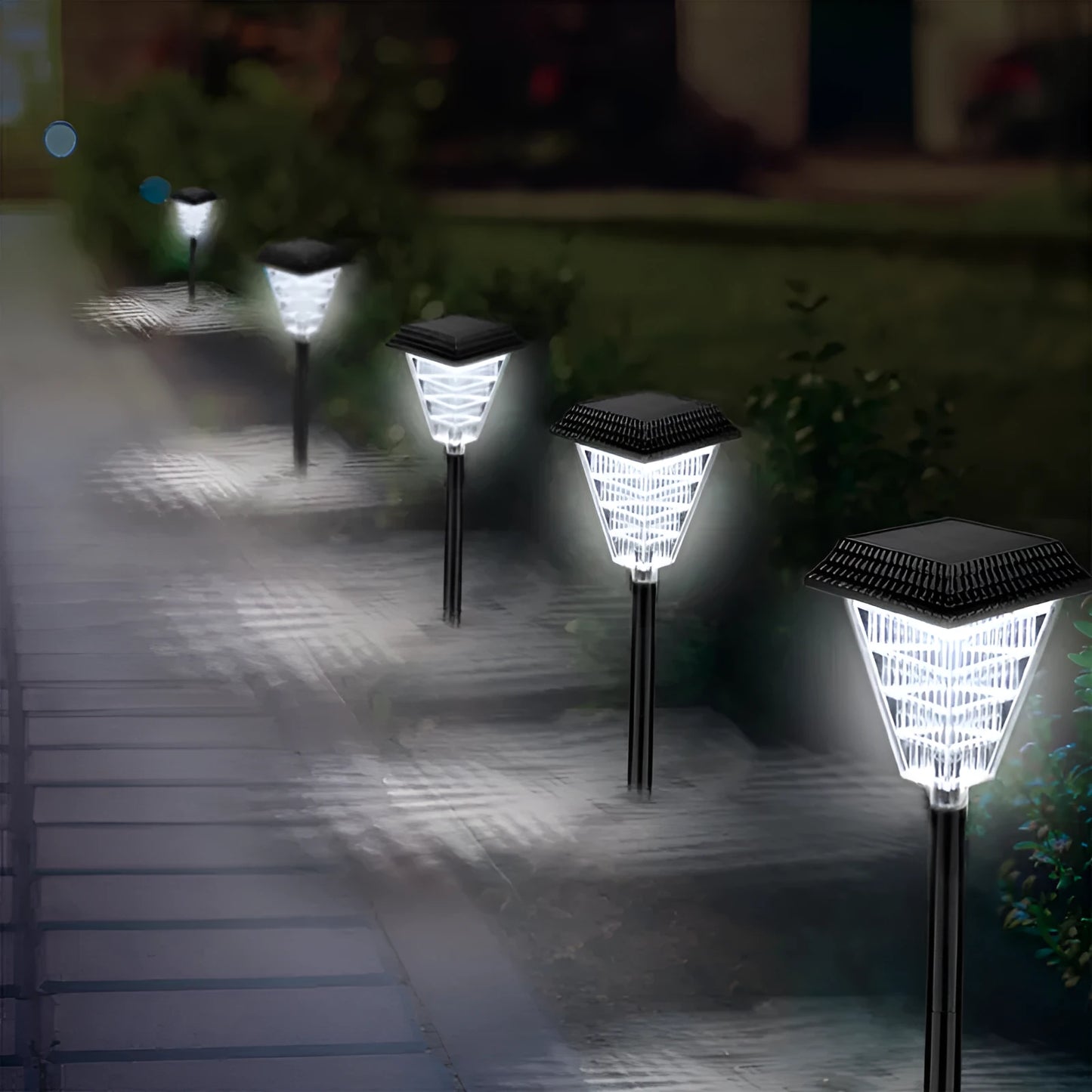 Solar-powered outdoor garden light with LED array, shown in green colour option, suitable for pathways and patios.