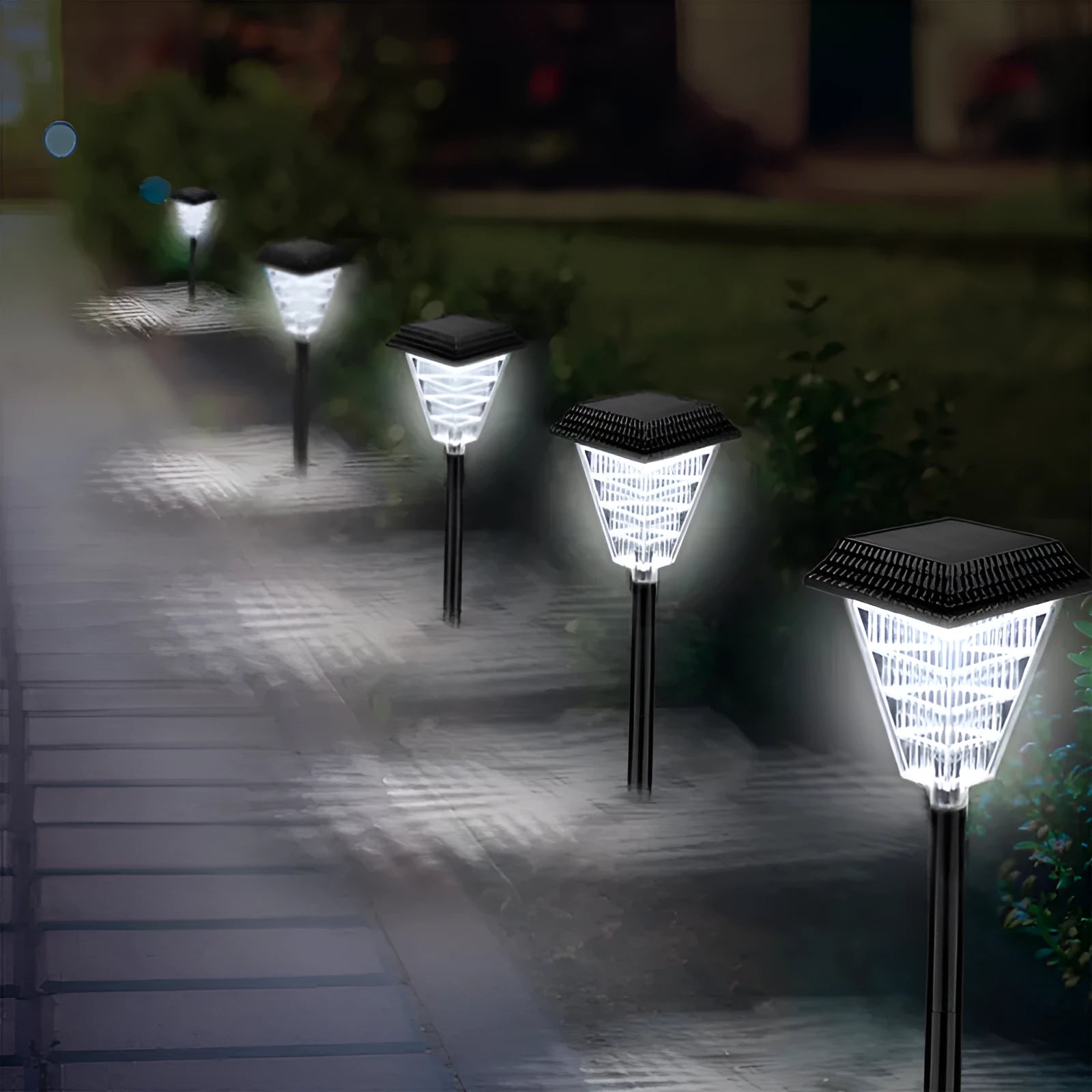 Solar-powered outdoor garden light with LED array, shown in green colour option, suitable for pathways and patios.