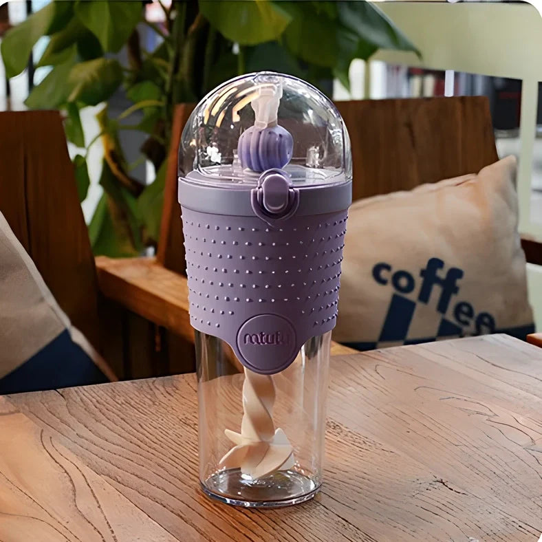 Blue 500ml plastic water bottle with straw and leakproof lid for children