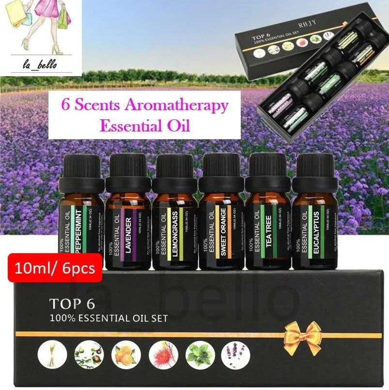 Essential oil massage aromatherapy set with six 10ml bottles of orange, lavender, tea tree, peppermint, eucalyptus, and lemongrass oils