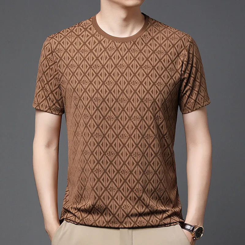 Men's loose fit round neck short sleeve t-shirt in ice silk fabric, shown in a solid colour.