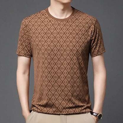 Men's loose fit round neck short sleeve t-shirt in ice silk fabric, shown in a solid colour.