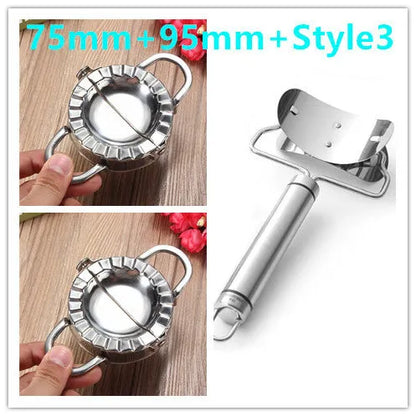 Stainless steel dumpling mould and rectangular dough cutter on a kitchen surface.