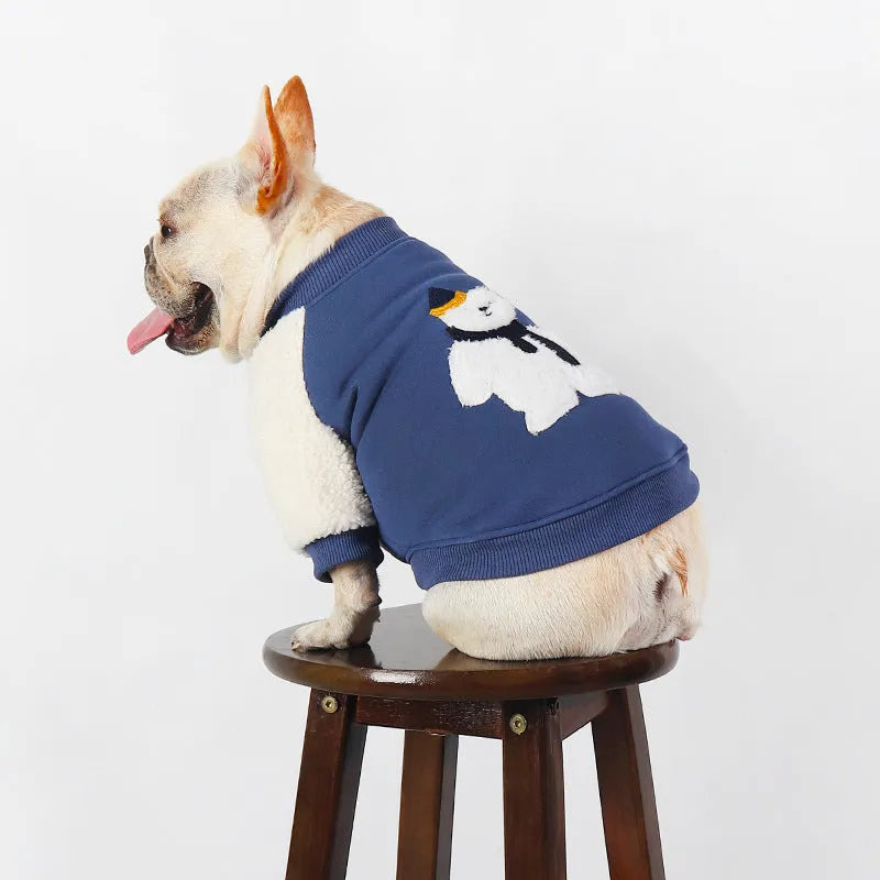 Dark blue fleece-lined cotton winter jumper for dogs on a white background