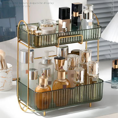Iron and PET plastic wall-mounted cosmetic shelf in a choice of transparent, amber, or light green, dimensions 30.5x20x35.5cm.