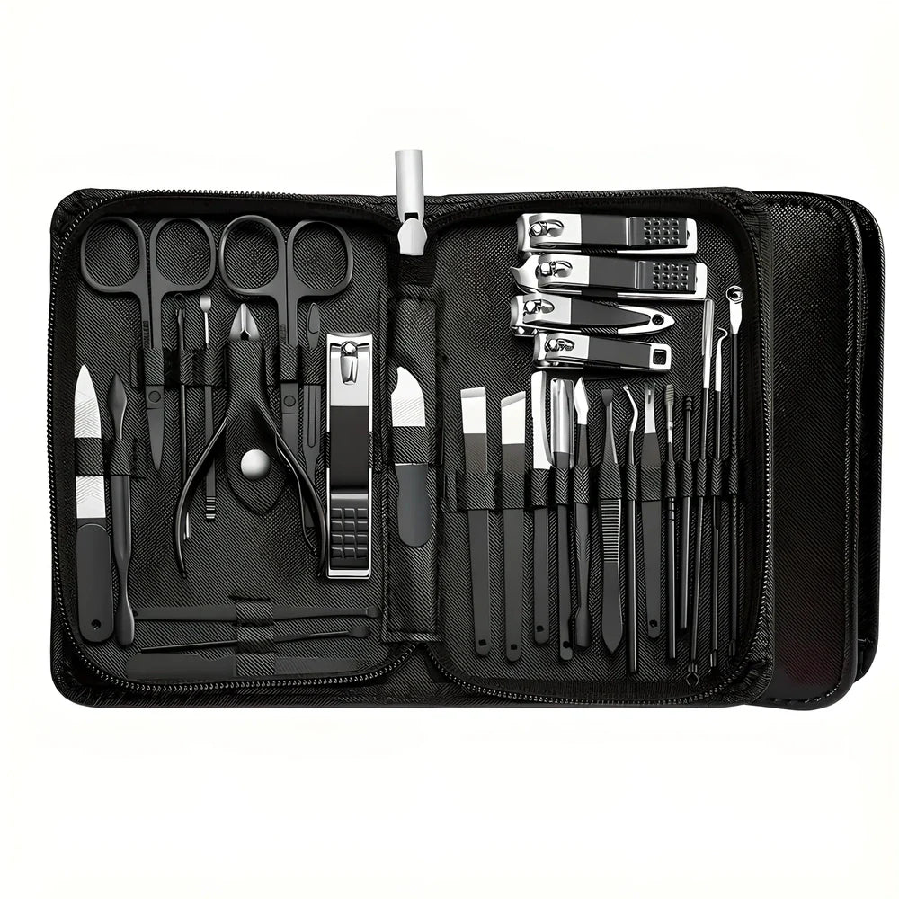 30-piece stainless steel nail beauty tool set showing five colour options with 260g weight