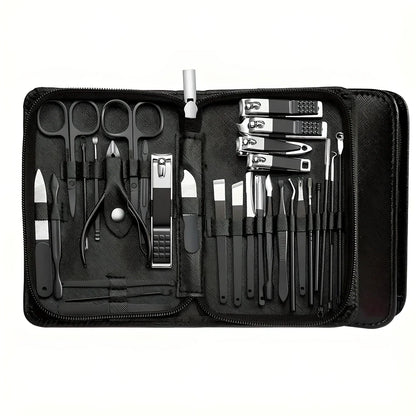 30-piece stainless steel nail beauty tool set showing five colour options with 260g weight