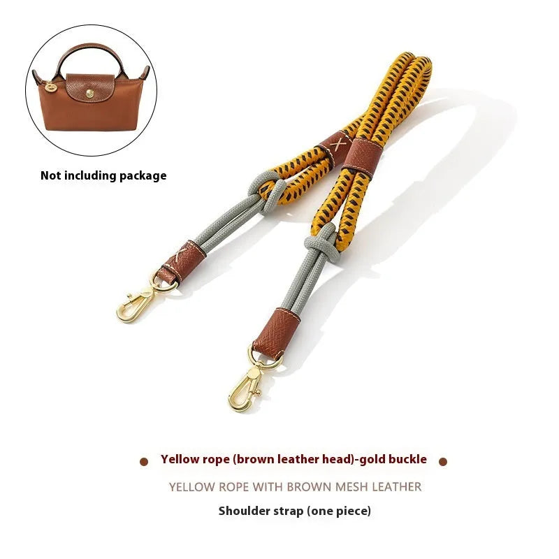 Braided rope and leather shoulder strap with a metal buckle in gold or silver finish