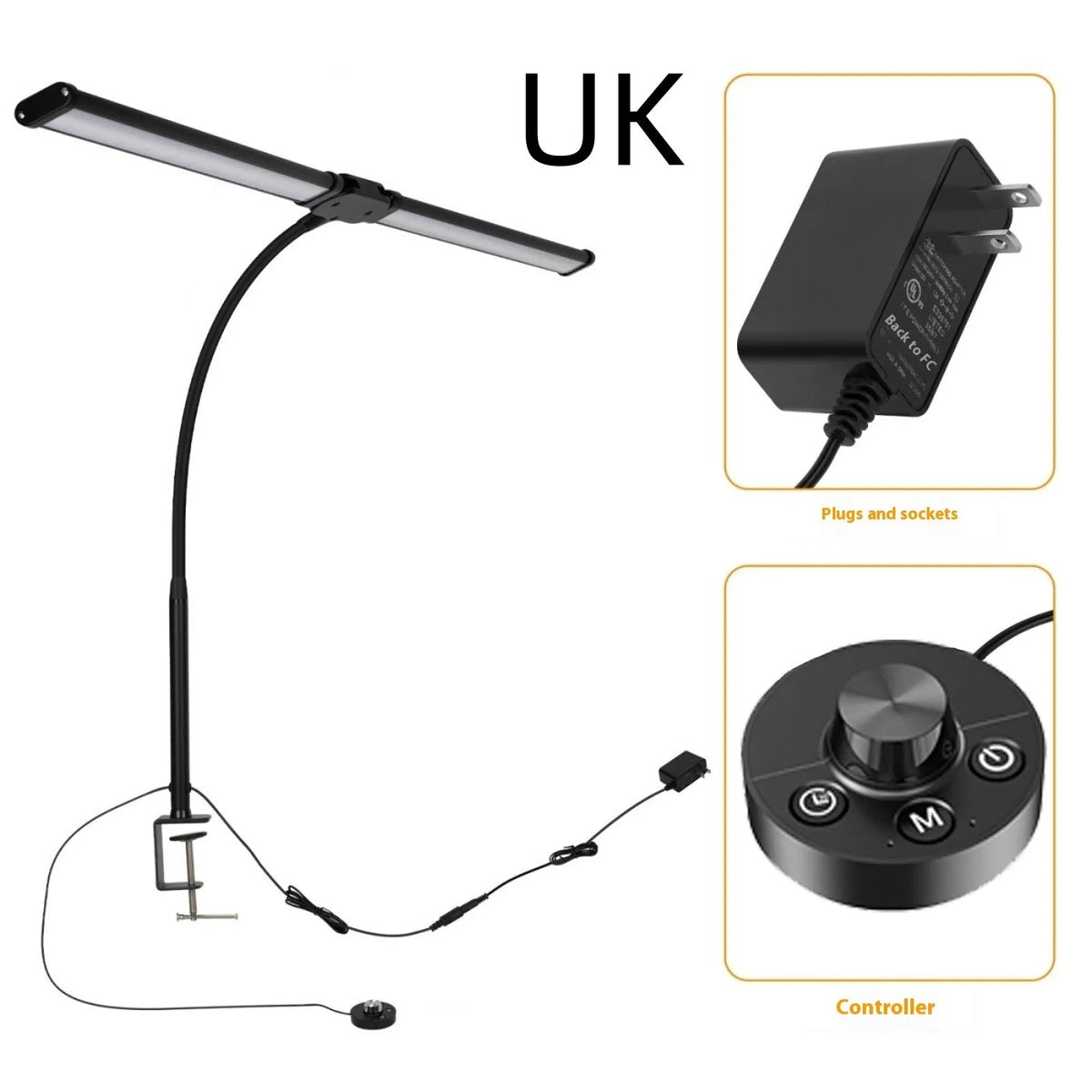 Black LED double-headed gooseneck table lamp with knob remote control, 62cm to 76cm, modern desk lamp