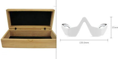 3D Eye Beauty Instrument micro-current massager in pink or white, showing glasses-like design and one-button control for eye relaxation