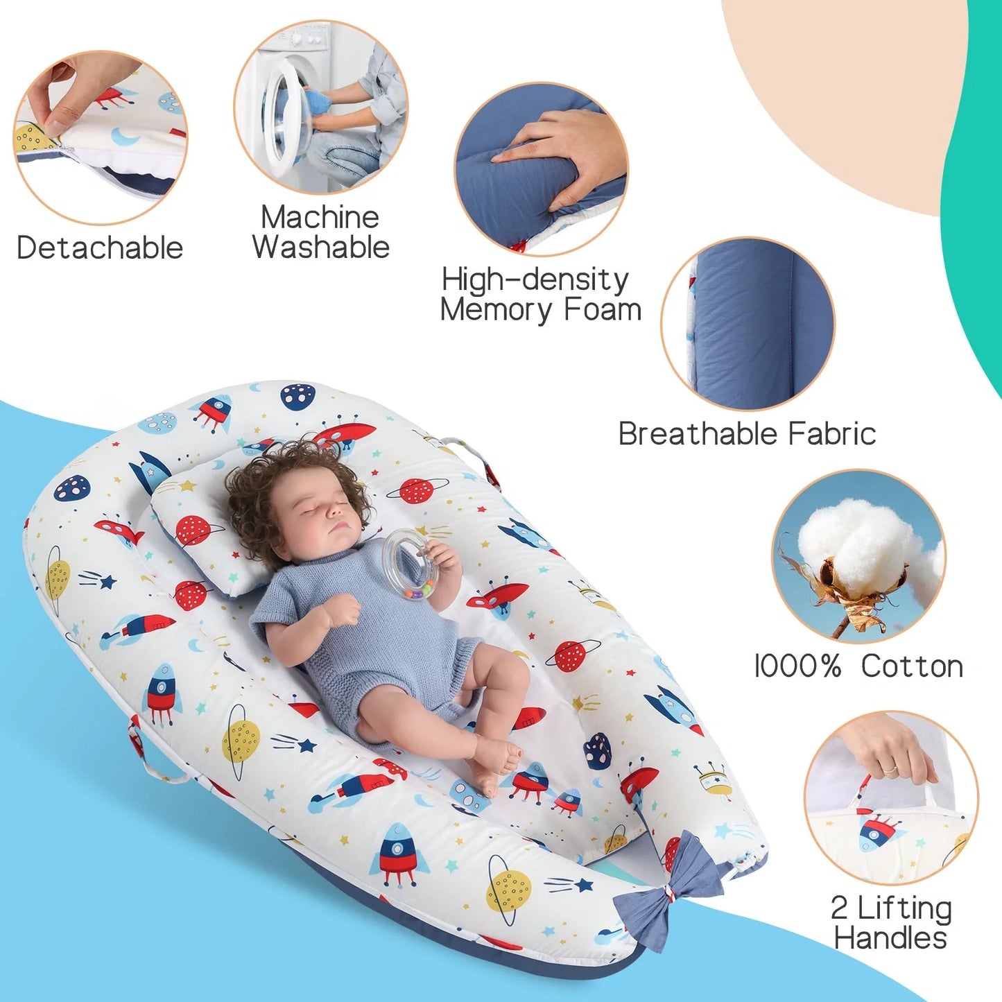 Baby's Crib with detachable pure cotton sleeve and memory foam core