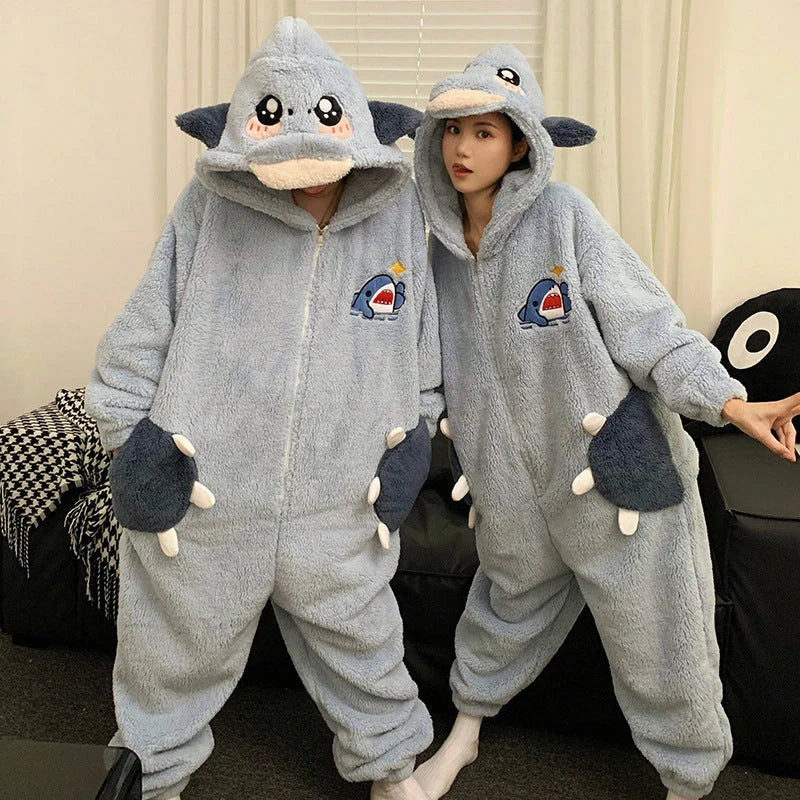 Cartoon design winter jumpsuit with coral fleece lining for warmth