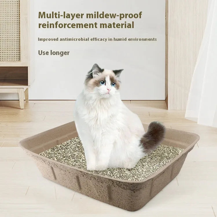 Brown disposable biodegradable cat litter box shown in three different size options