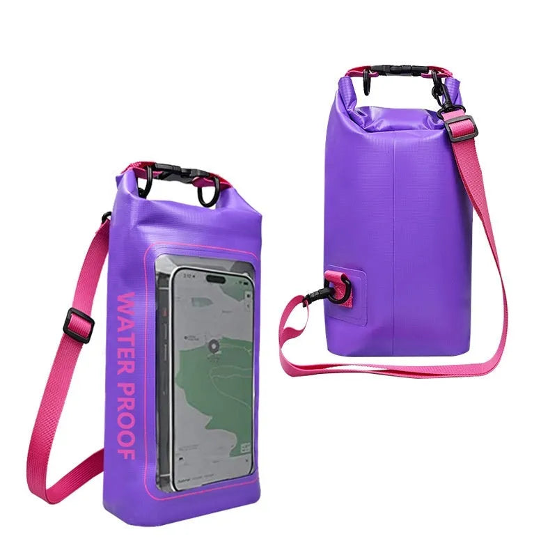 A waterproof crossbody bag in various colours, suitable for carrying a mobile phone outdoors.