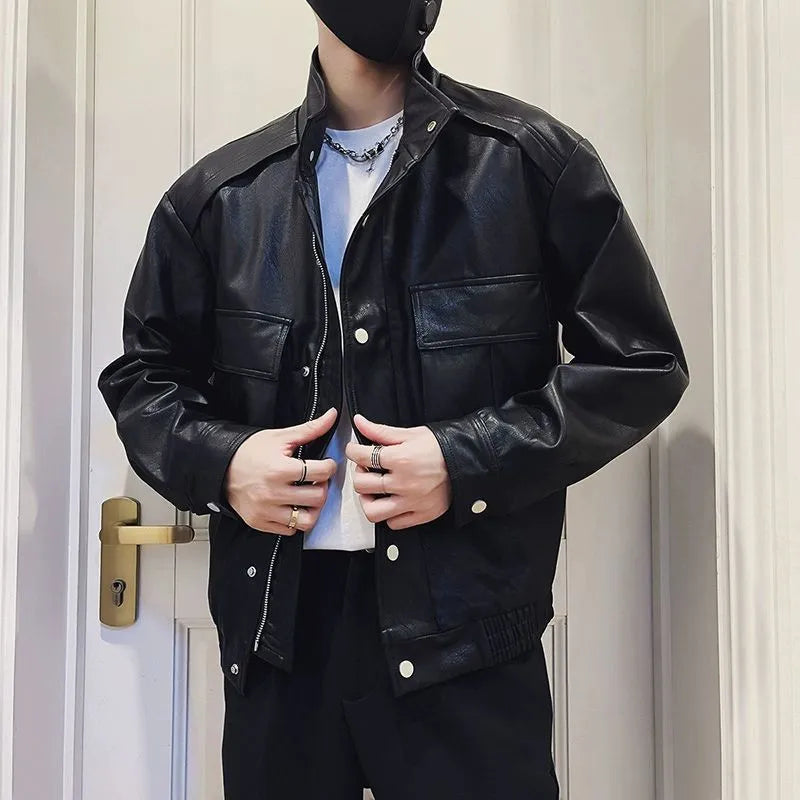Korean style black PU leather pilot jacket for men with side pockets and straight hem.