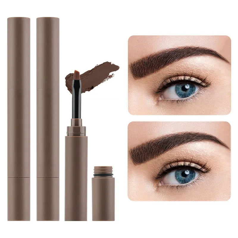 Double-headed eyebrow cream stick showing powder end and spoolie brush, with five colour shade options displayed.